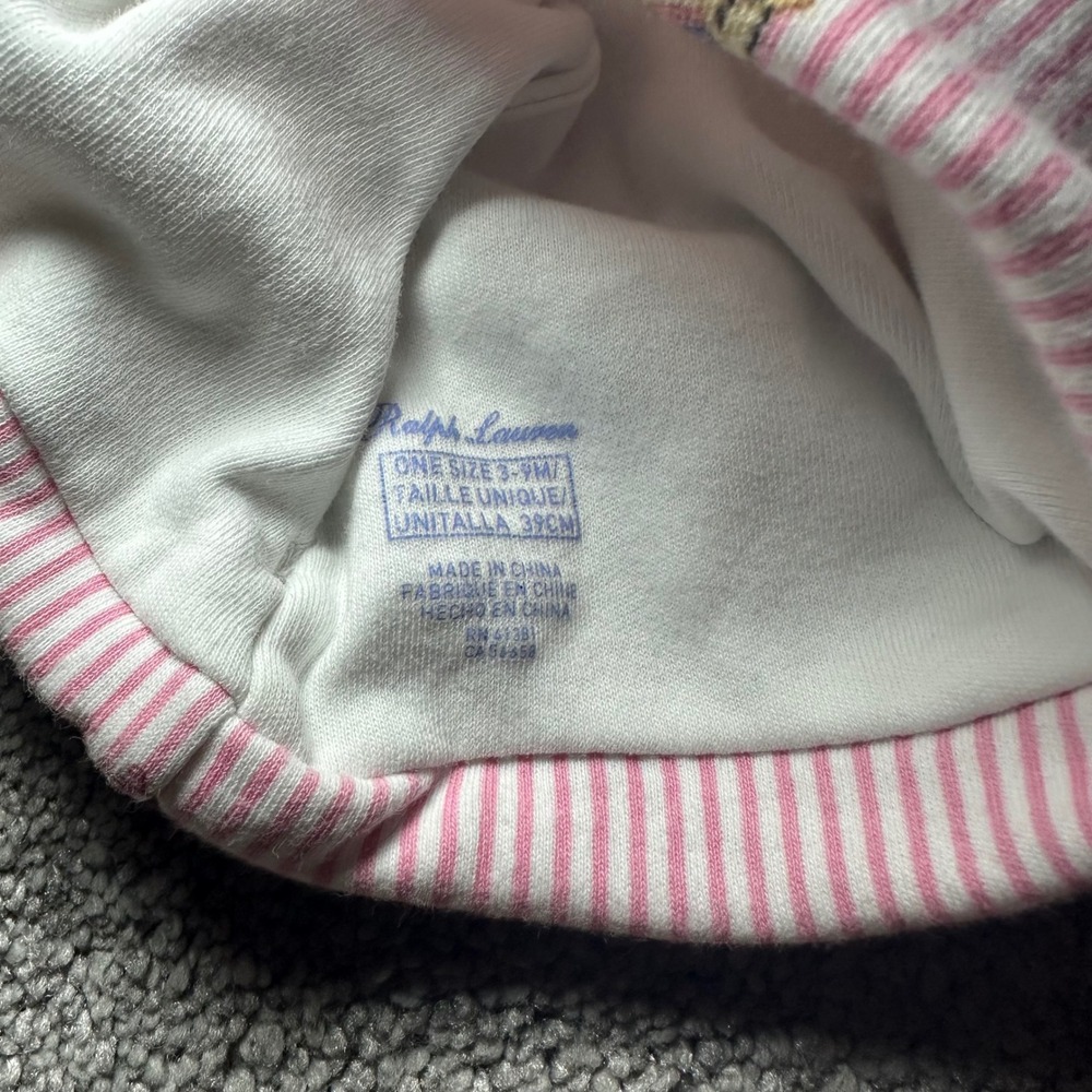 Ralph Lauren Polo Bear Beanie Girls 3-9M Pink Stripe Cotton Hat - Picture 8 of 9